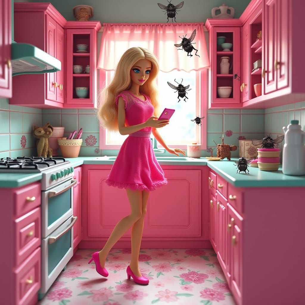 Barbie in Pastel Kitchen, Surrounded by Whimsical Details an...