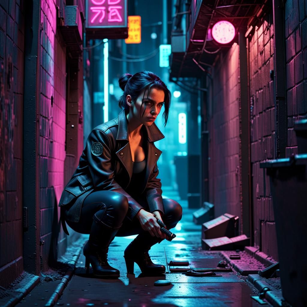 Cyberpunk Noir Detective Investigates Alley Clues