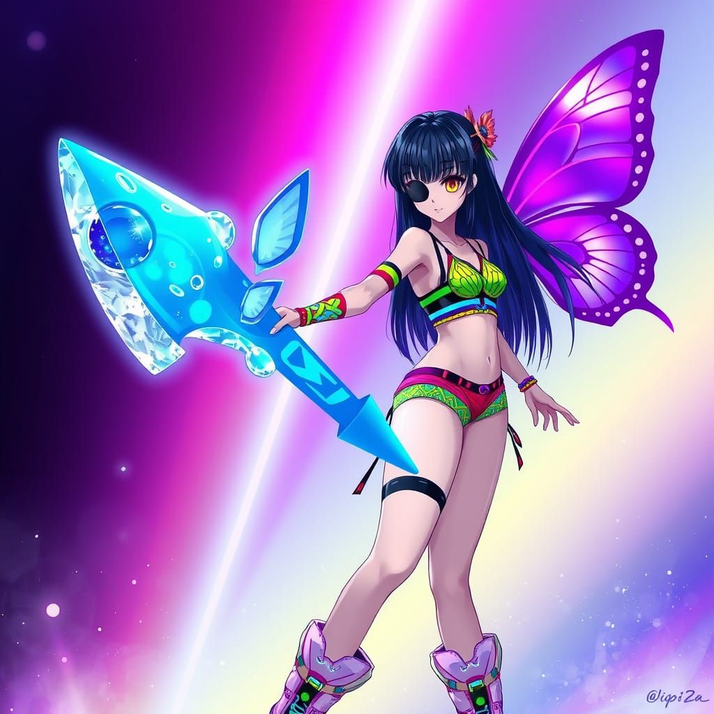 Anime Girl Enchanted by a Vibrant Purple Butterfly in Cyberp...