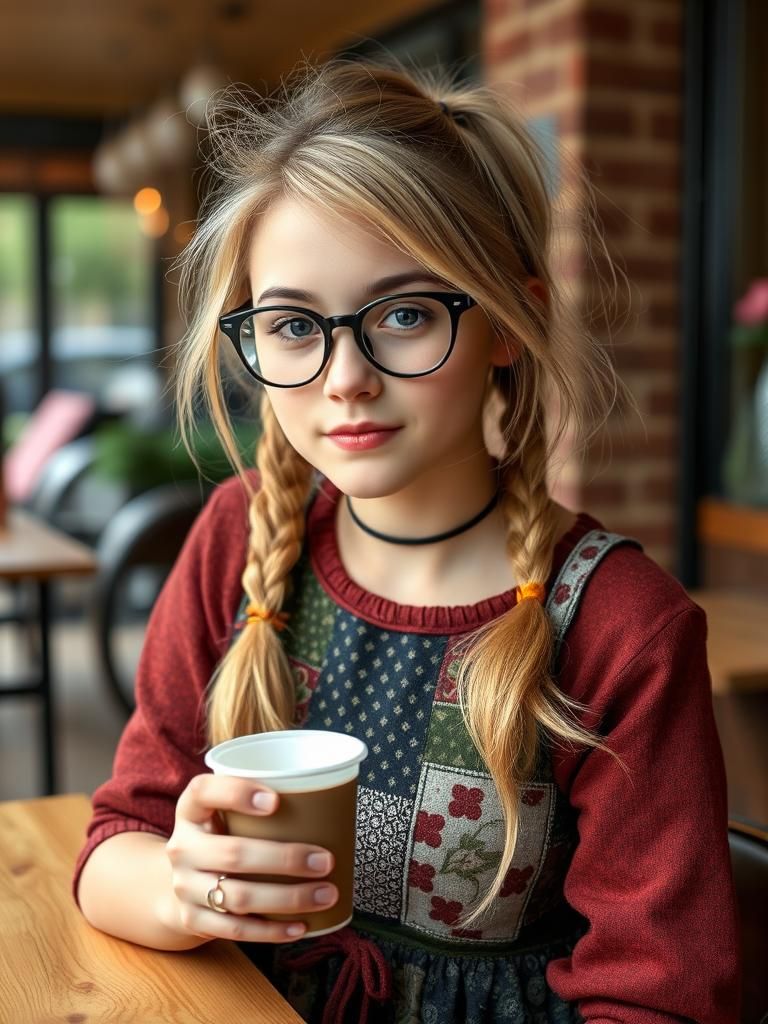 Teenage Girl with Pigtails Drinking Coffee