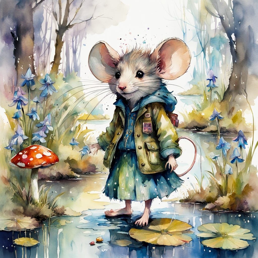 Whimsical Mouse in Enchanted Spring Forest Illustration