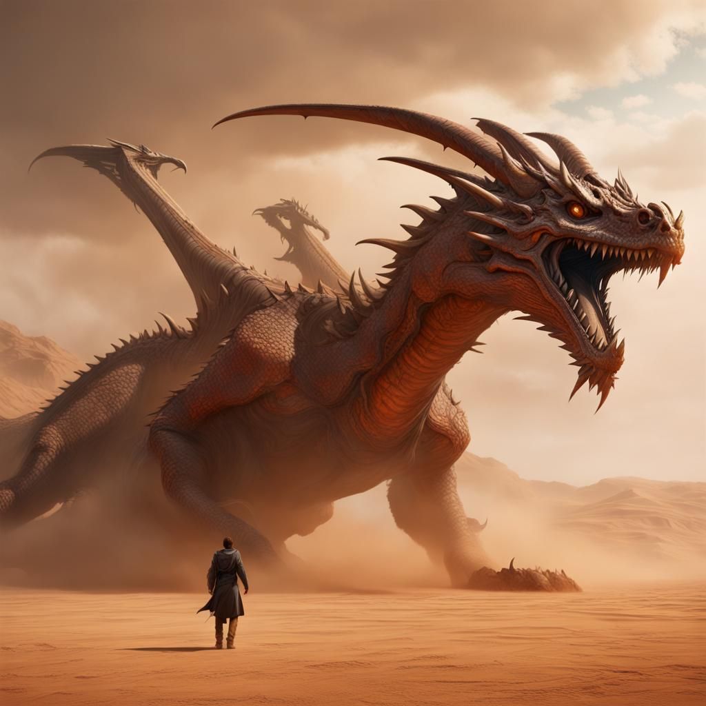 Rust Dragon in Desert Sandstorm: Digital Matte Painting