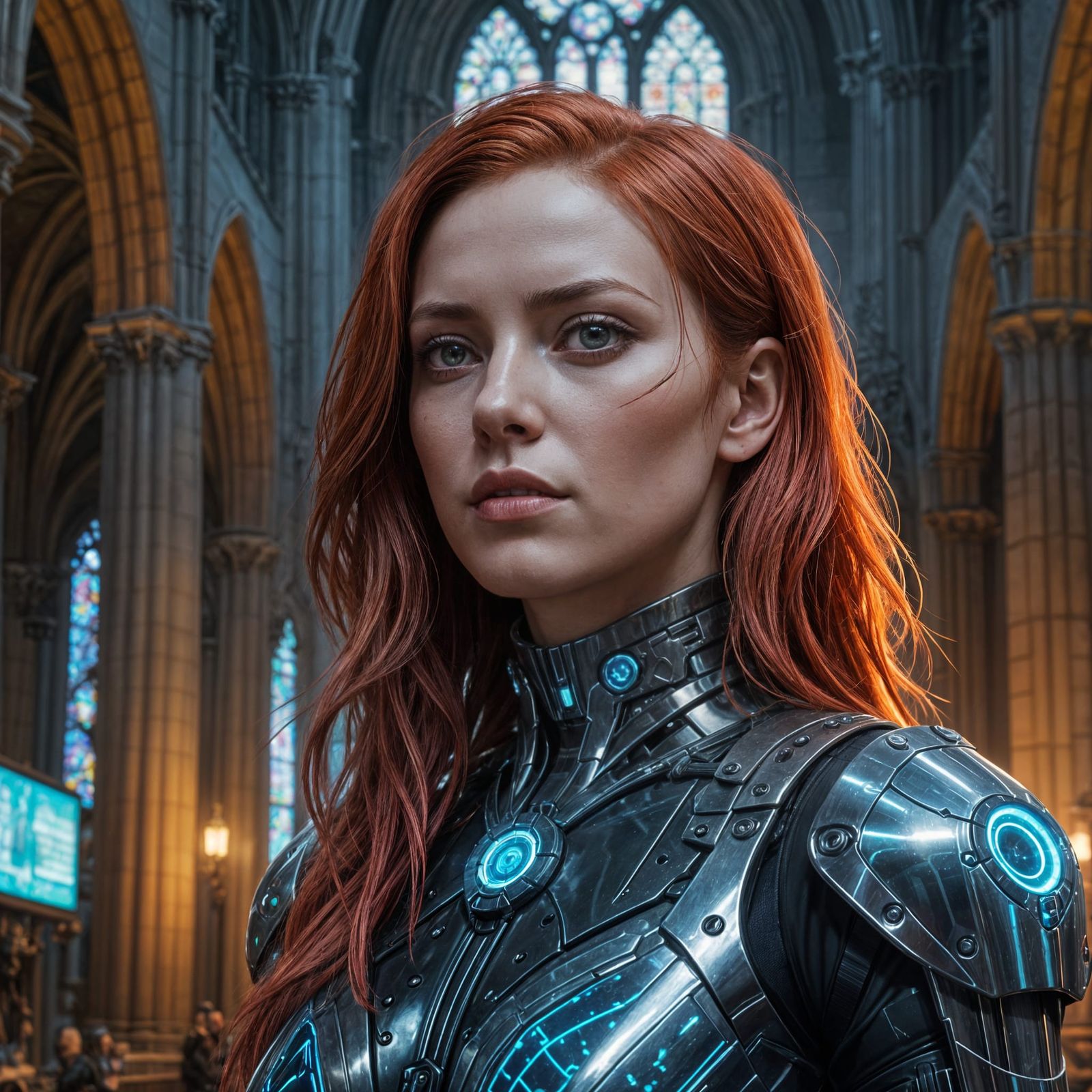 Cybernetic Woman in Gothic Cathedral, Hyperdetailed Art