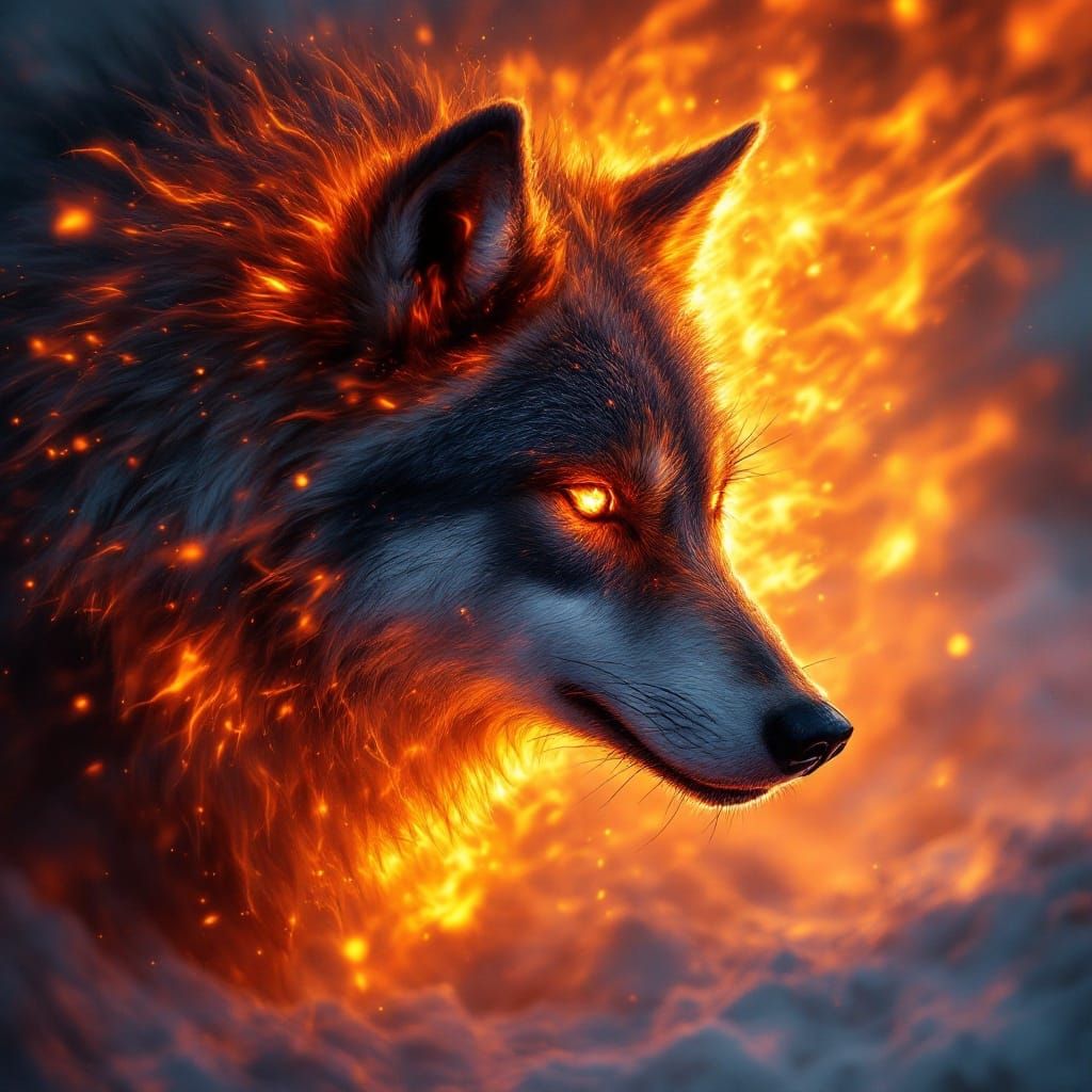Fiery Dire Wolf Silhouette Against Icy Background