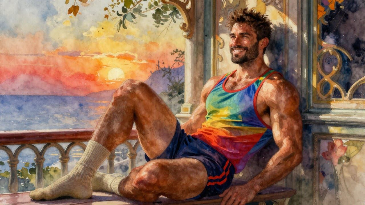 Muscular Man Smiles on Art Nouveau Porch