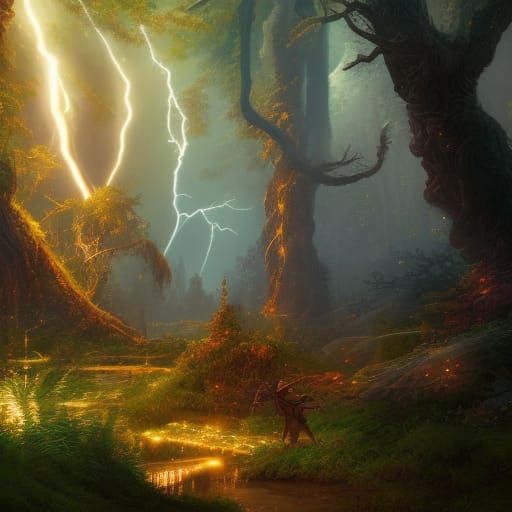 Man Surrounded by Lightning in Fantasy Forest