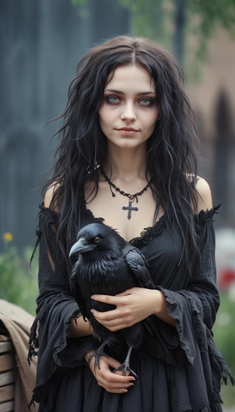 Cute Gothic  woman homeless , holding lovely fluffy crow,  soft smile , , strong, ,  threads, summer  background
