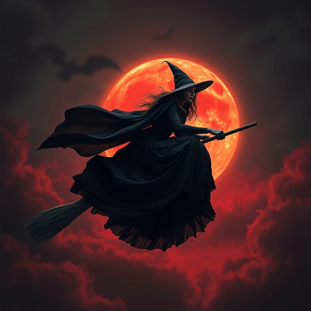 Wicked Witch Soaring Under a Blood Moon