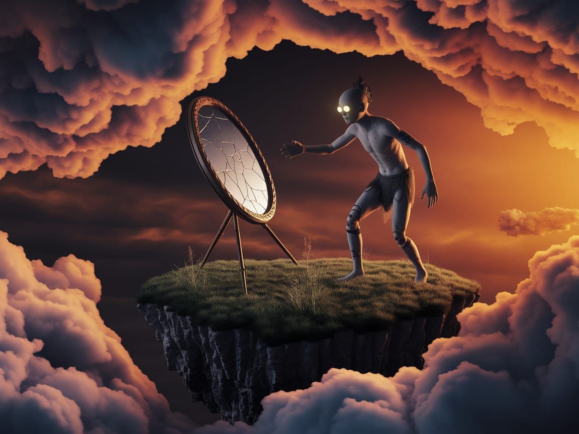 Surreal Figure Emerges from Dreamlike Landscape