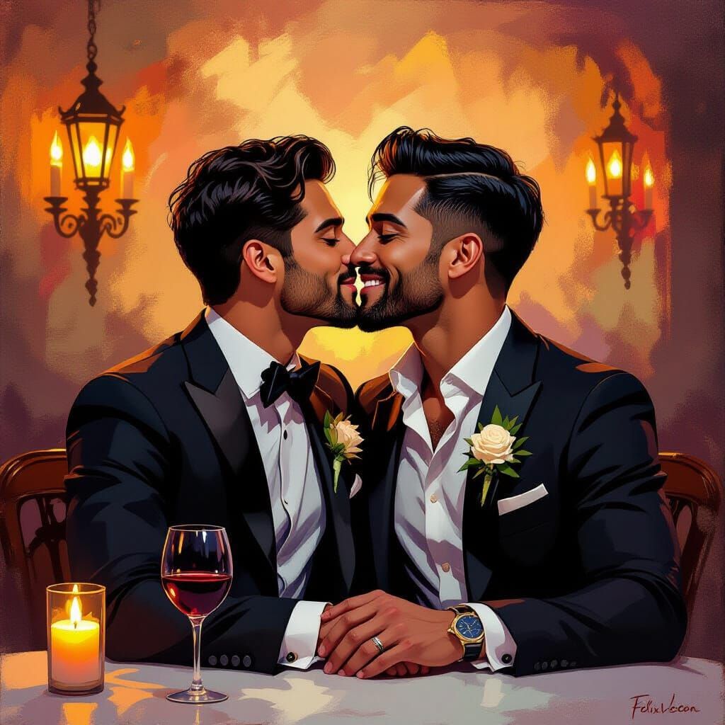 Romantic Kiss Between Two Men in Vibrant Colors