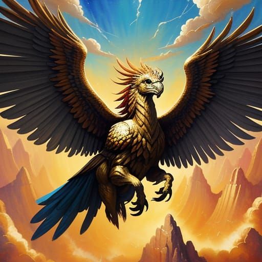 Mythical Winged Creature Soaring Over Stadium in Painterly S...