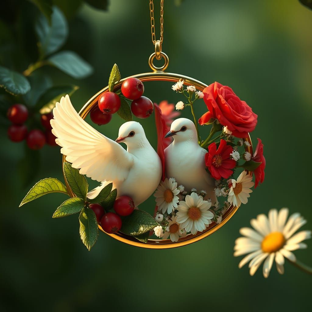 Golden L-Oval Pendant with Serene Doves and Lush Florals