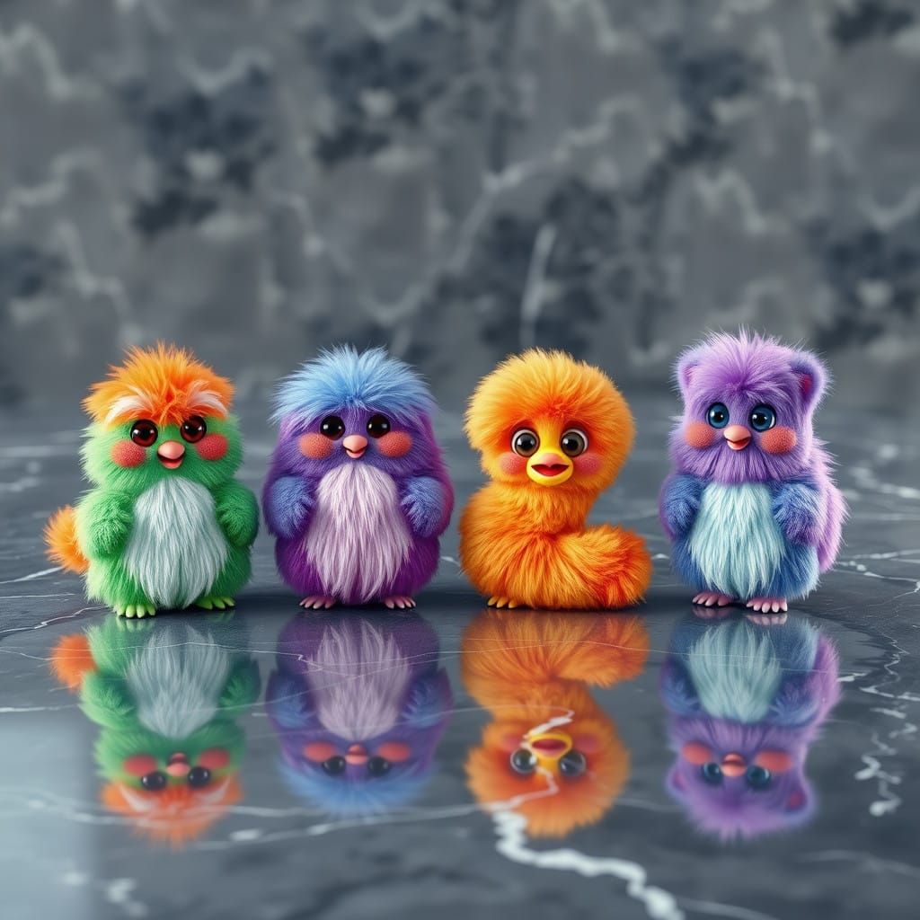 4 Colourful Chibi Furry Creatures Standing on Glittering Mar...