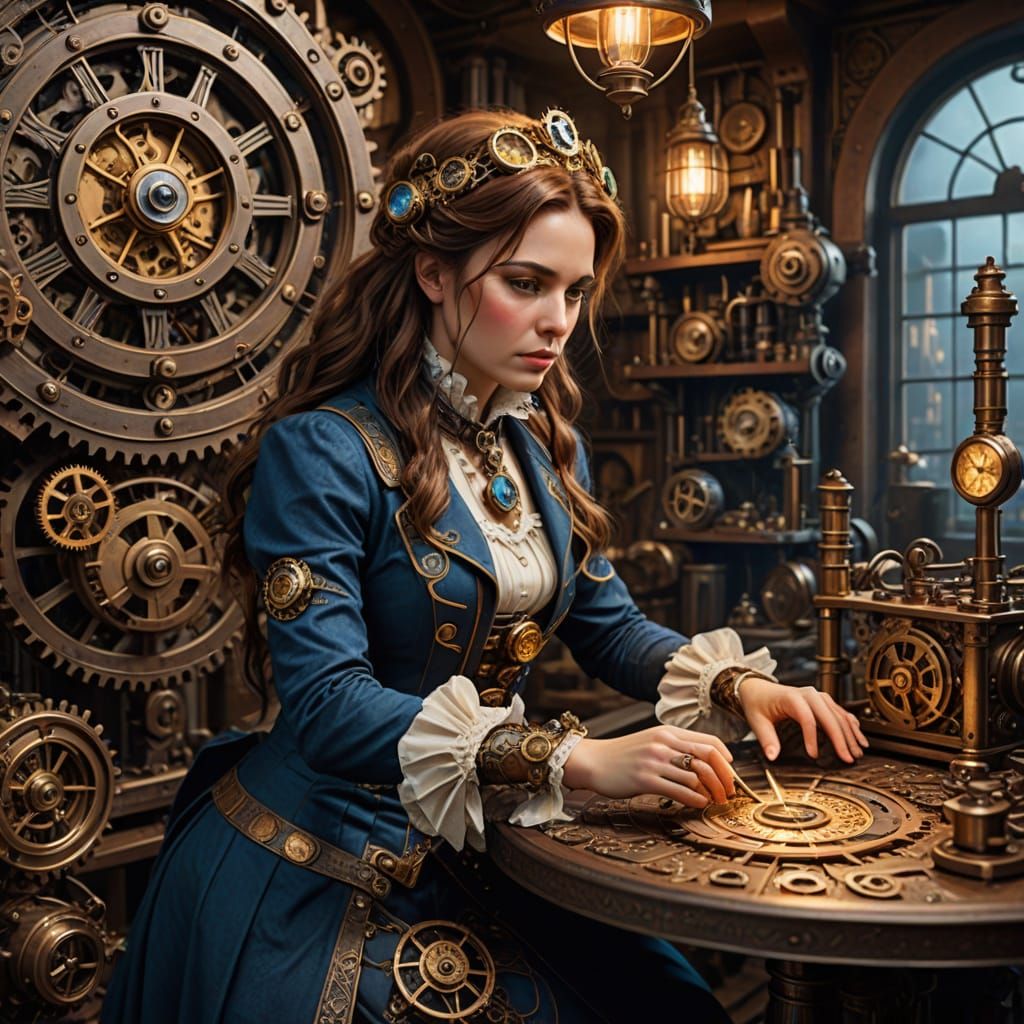 Steampunk Sorceress Inventor in a Victorian-Era Workshop