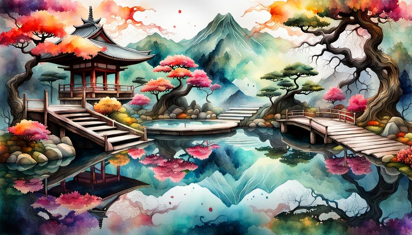 Japanese Zen Garden in Watercolor and Ink