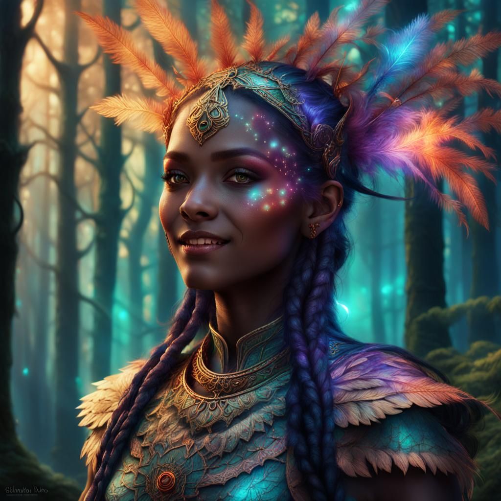 Neona X2 Smiling in Mystical Forest: Fantasy Art