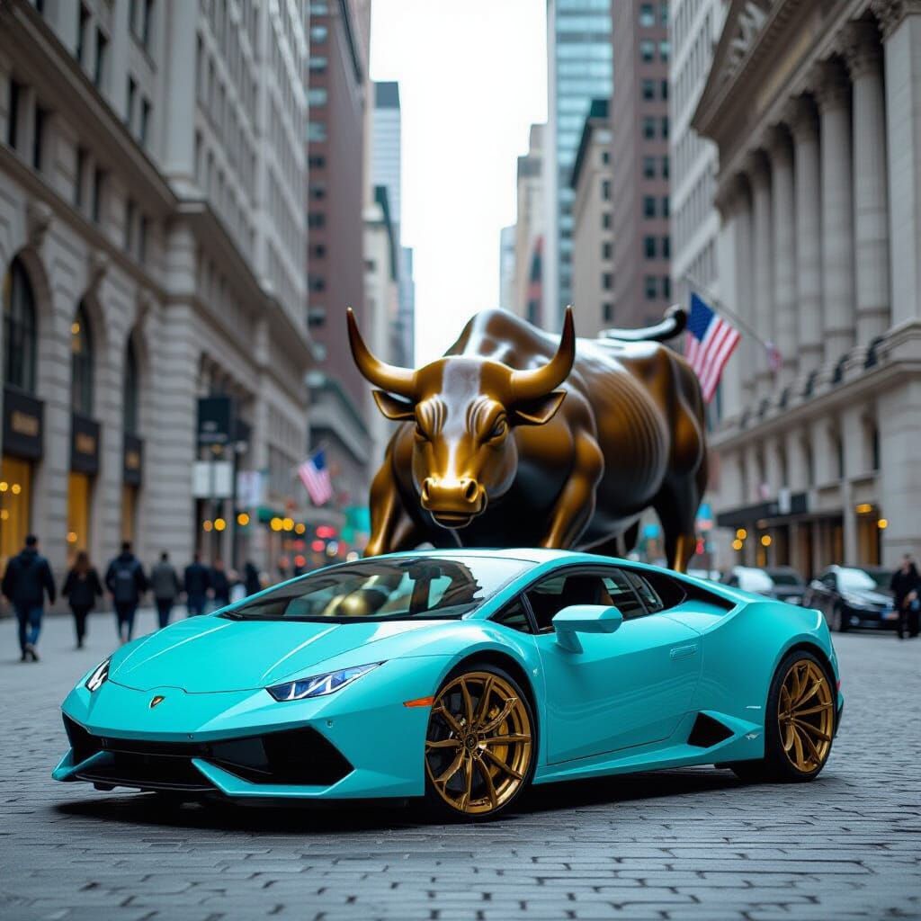 Turquoise Lamborghini Huracan at Wall Street Bull