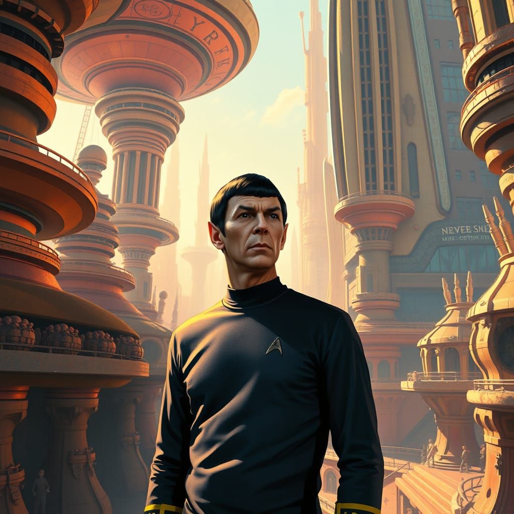 Starfleet Officer in Retro-Futuristic Alien Cityscape