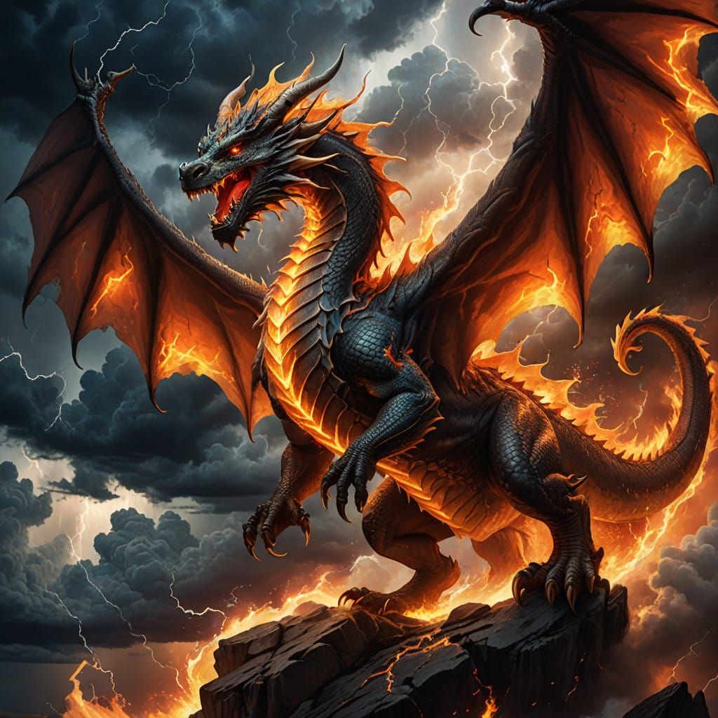 Dragon Rises into Blazing Stormy Sky in Fiery Ascent