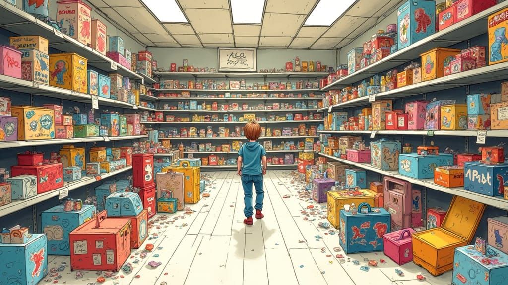 Cartoon Dollar Store Interior in Quentin Blake Style