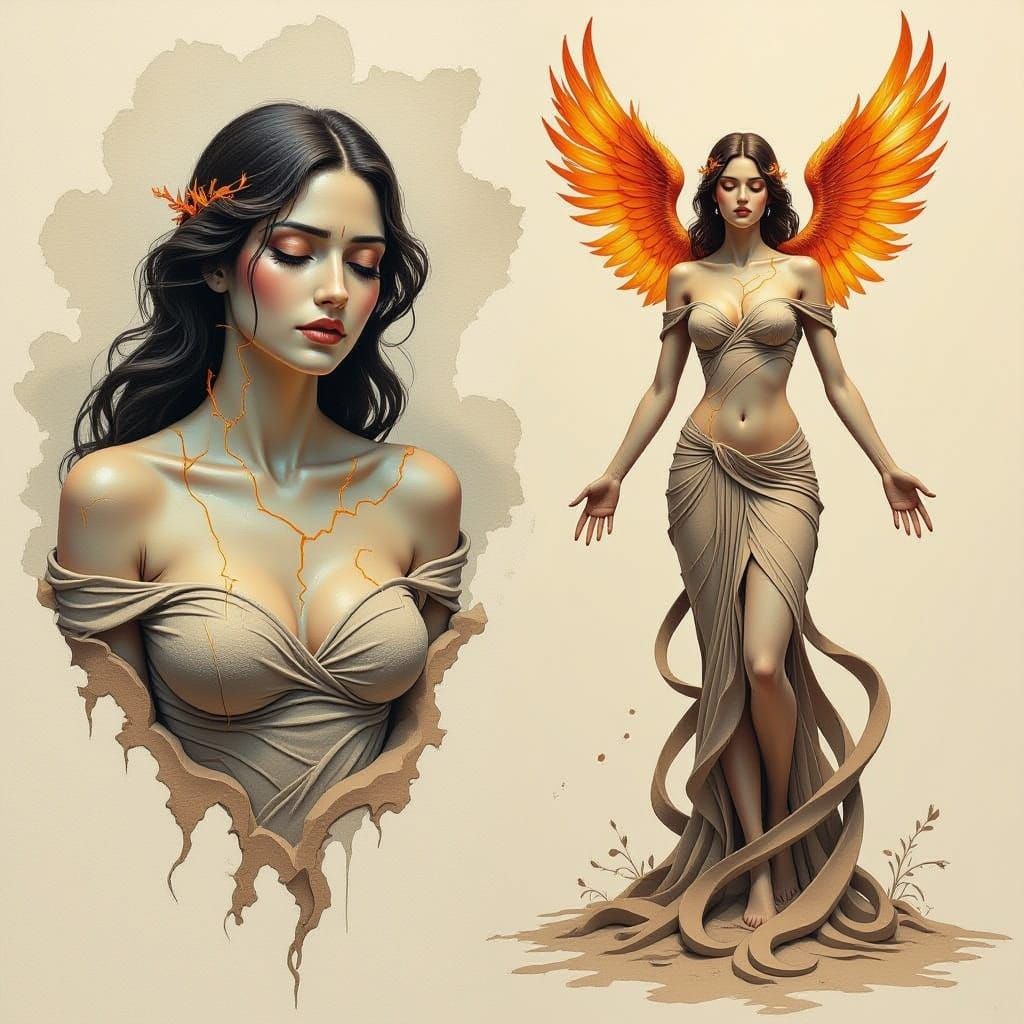 Ceramic Sculpture of Woman Fused with Phoenix