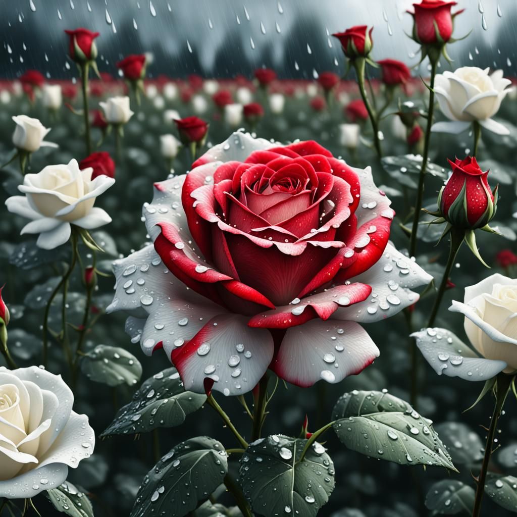 Red Rose in Rainstorm: Detailed Digital Painting