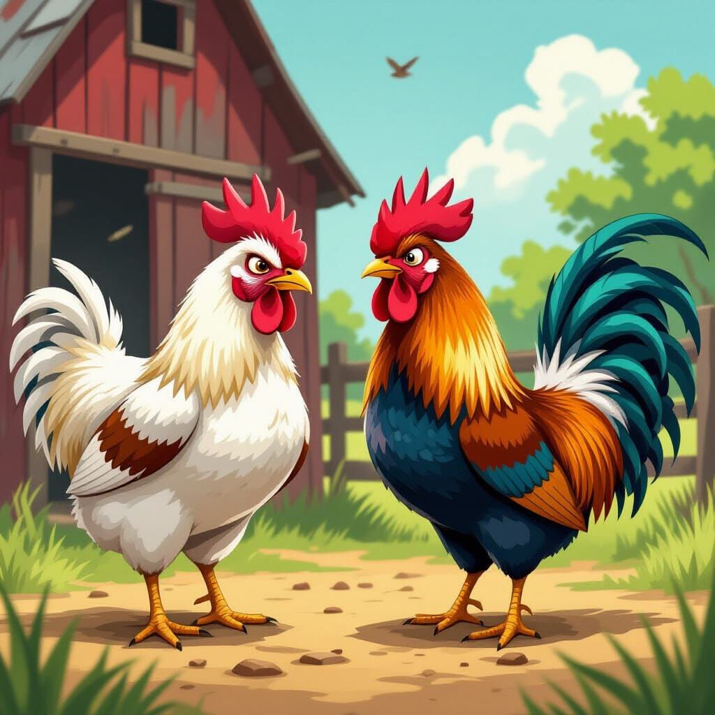 Furious Chicken and Proud Rooster in Farmyard