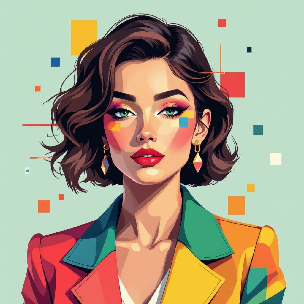 Fragmented Woman Portrait in Vibrant Art Deco Style