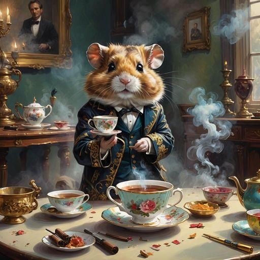 Smoke wafting up and hamster holding cup in dining room.