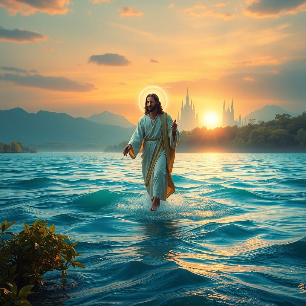 Serenely Walking on Water: A Divine, Dusk-Lit Scene