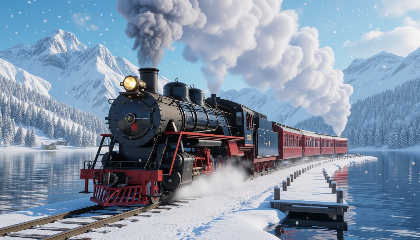 A vibrant red and black steam train (high detailed mechanica...