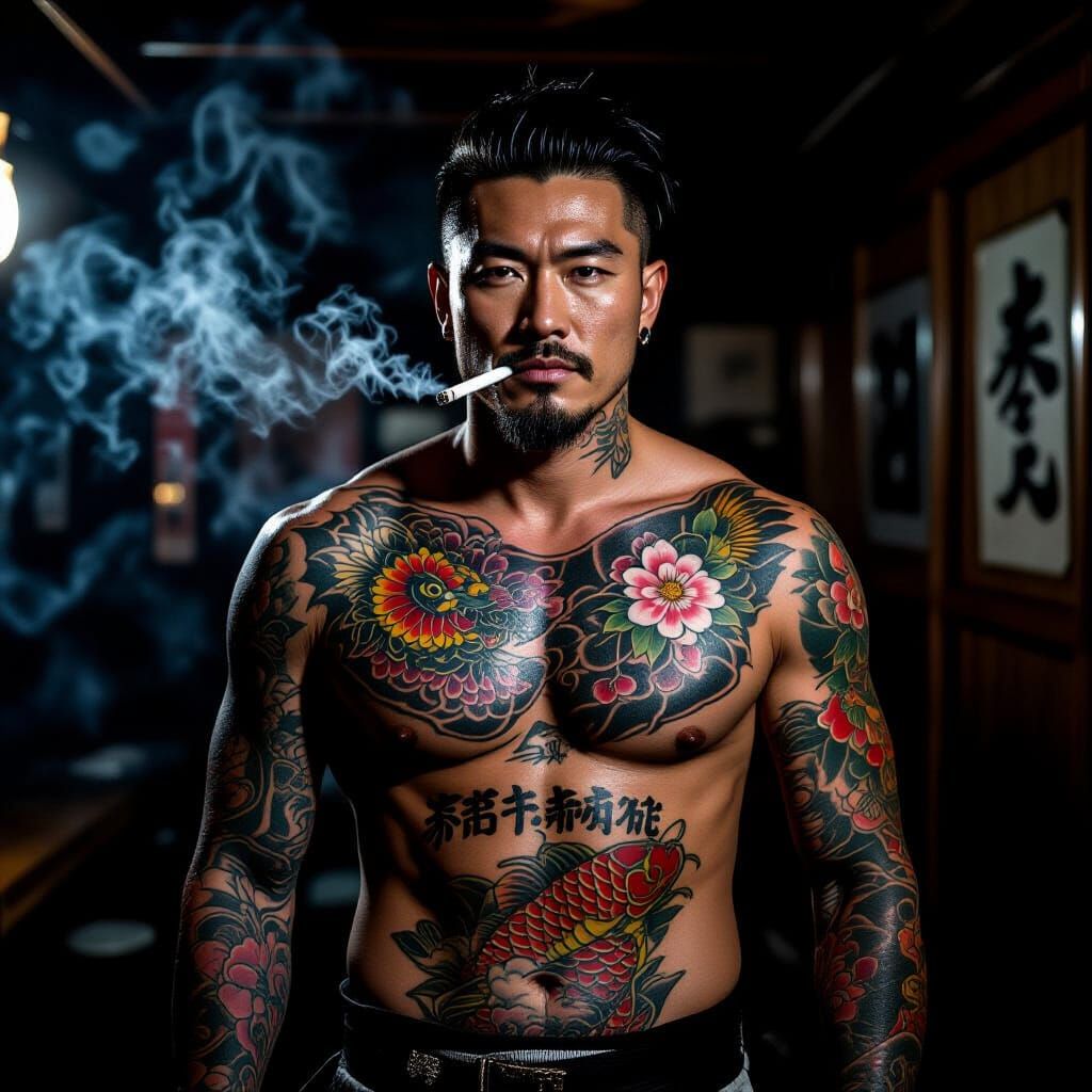 Yakuza Portrait with Full Body Irezumi Tattoos