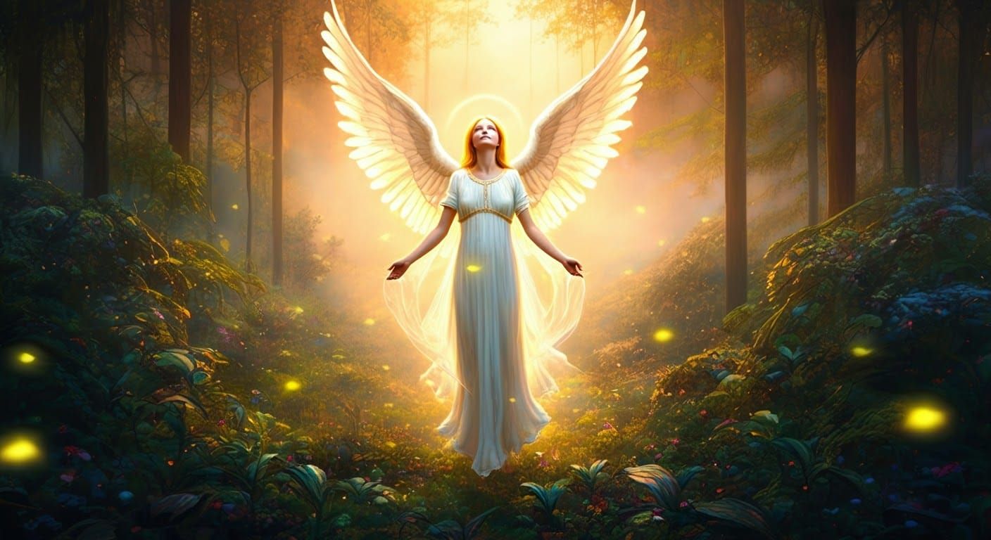 Ethereal Angel in Iridescent Forest Glade