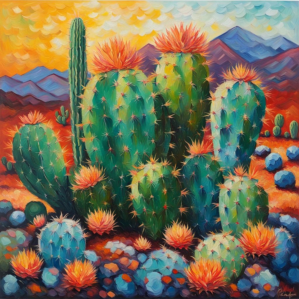 Colorful Cactus Painting in Neo-Impressionist Style