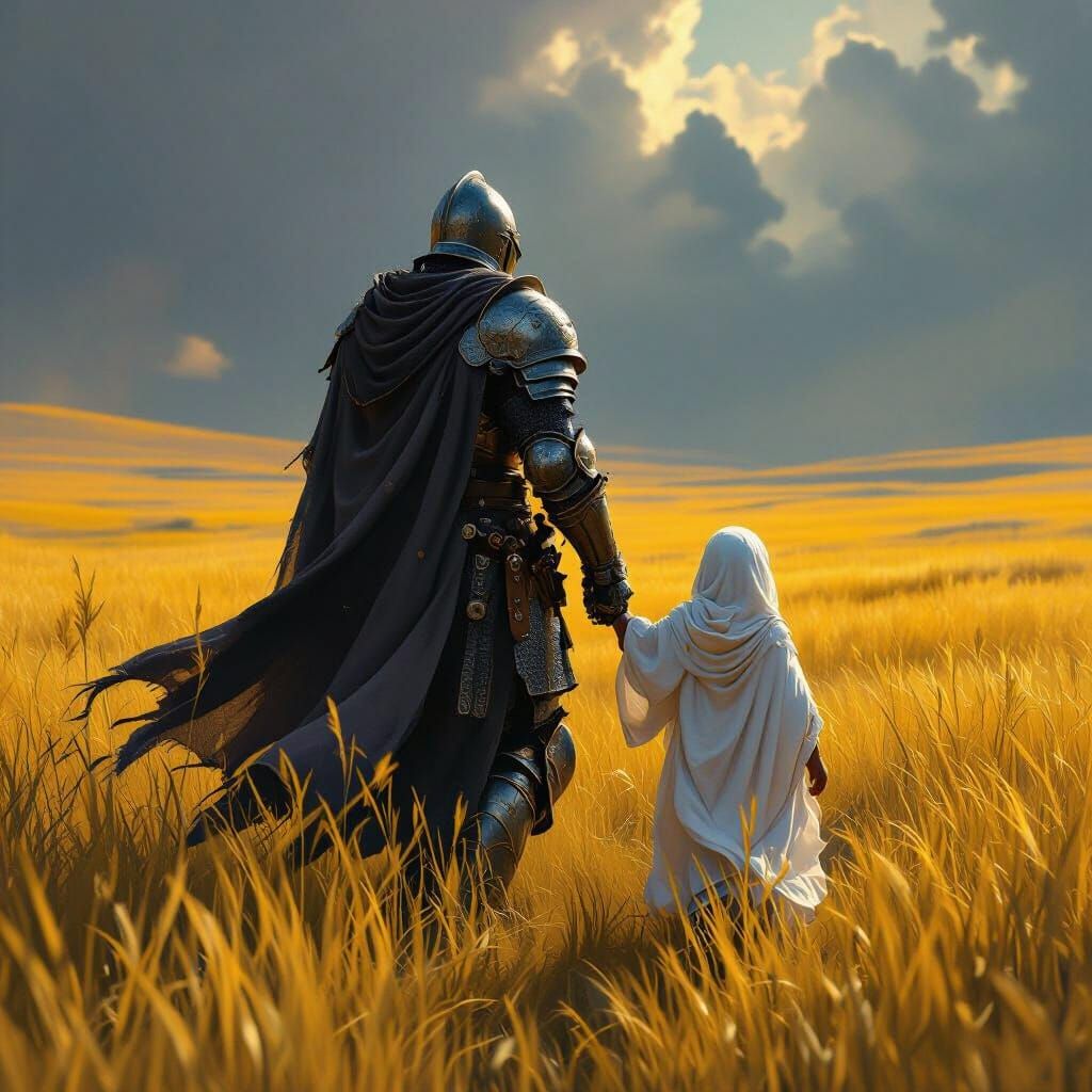 Knight and Child Across Yellow Field, Dark Fantasy Art