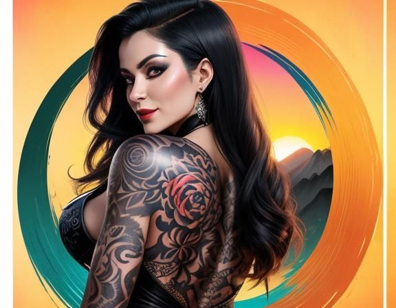 Latina Pinup with Macabre Tattoo, Hyperrealistic Art