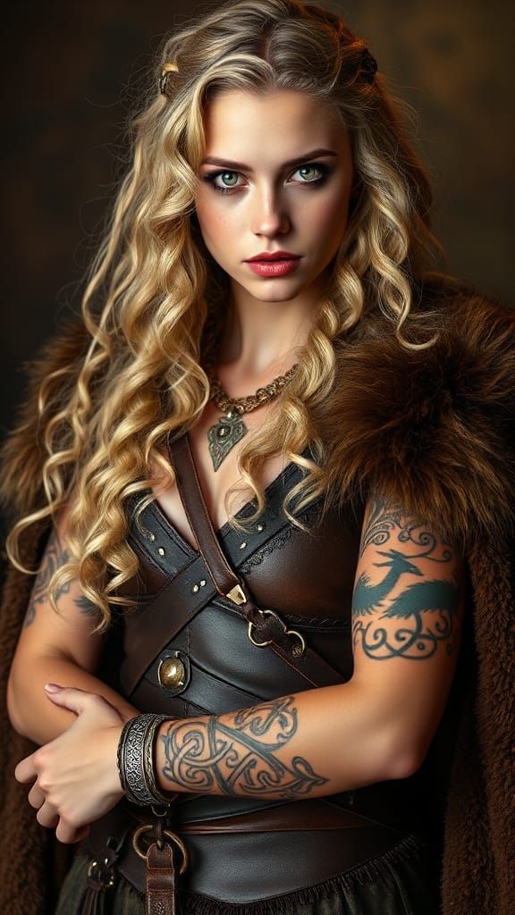 Viking Woman with Celtic Tattoos in Nordic Attire