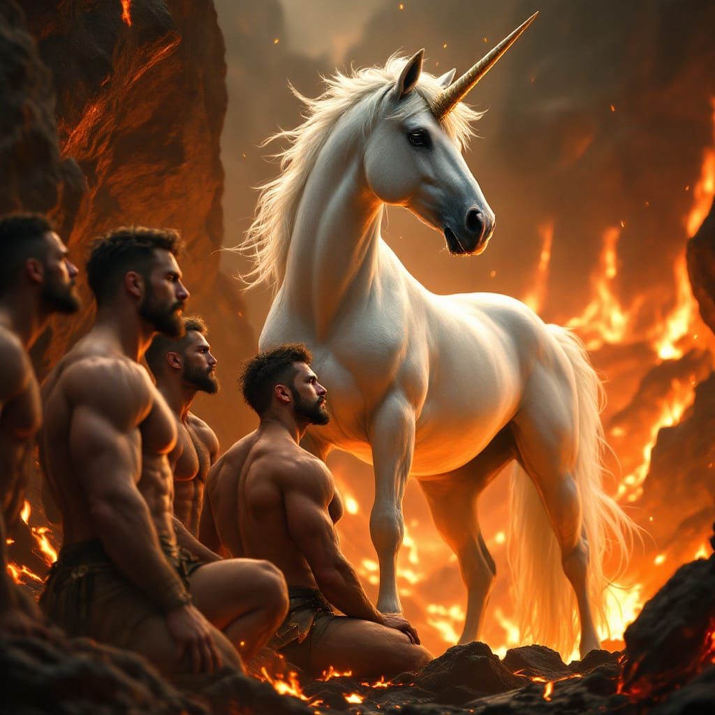 Unicorn and Viking Bodybuilders in Lava Landscape