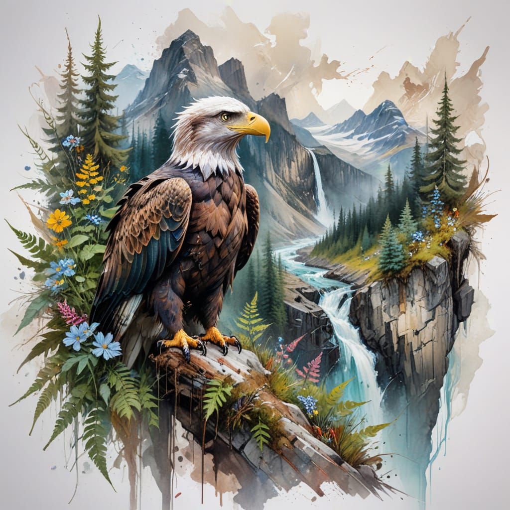 Wilderness Waterfall with Bald Eagle in Banff National Park