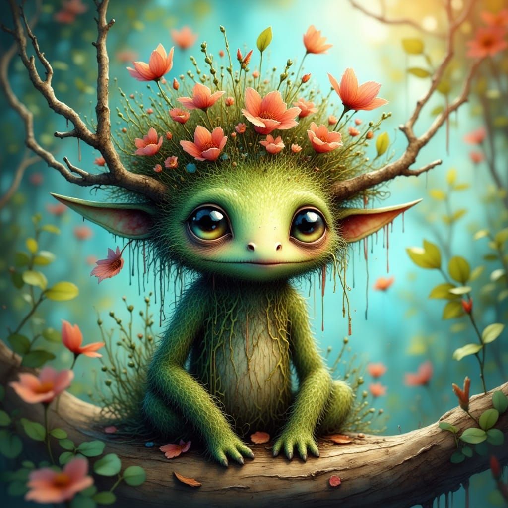 Dreamlike Tree Creature in Whimsical Fantasy Landscape