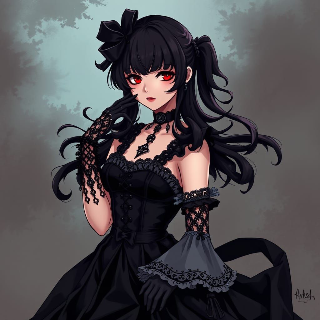 Goth Girl in Victorian-Inspired Attire, Manga-Style
