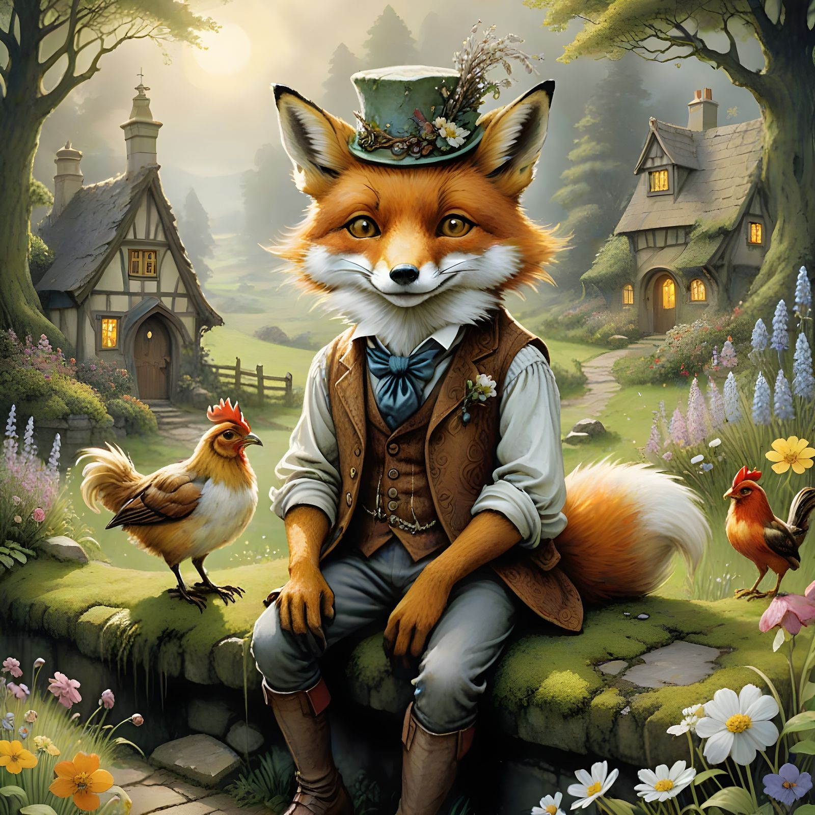 Whimsical English Countryside Scene with Fox and Chicken