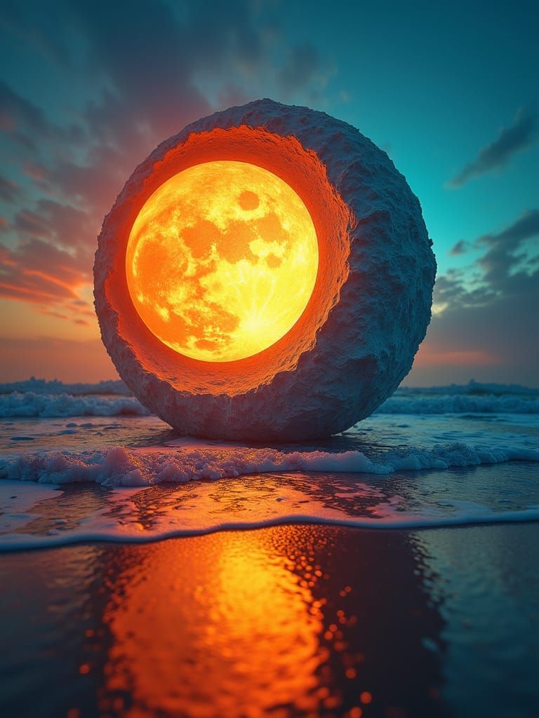 Surreal Yin Yang Sunset: Dimensional Beach in Blue Hues