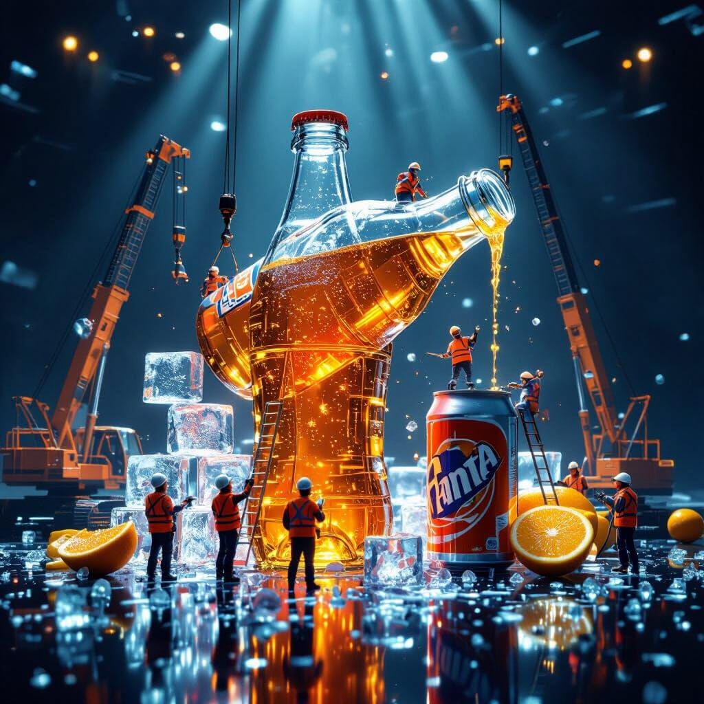 Giant Fanta Bottle Construction in Hyper-Realistic Studio