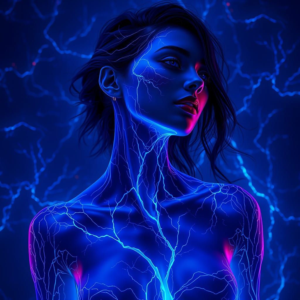 Glowing Human Form in Electric Blue Veins