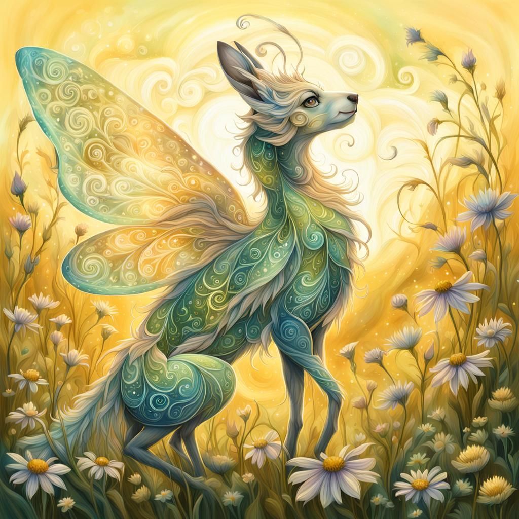 Fantasy Creature in Sunny Meadow: Digital Art