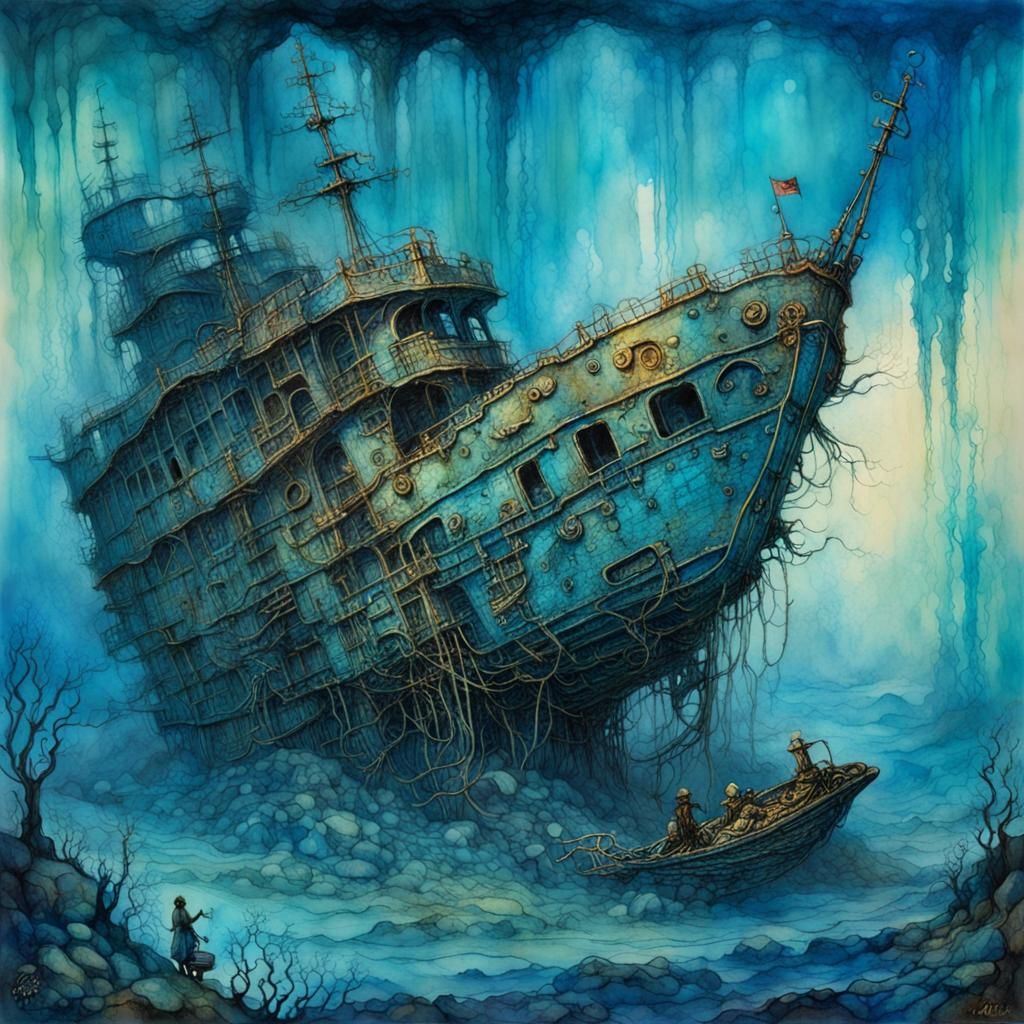Underwater Shipwreck in Retro-Futuristic Style
