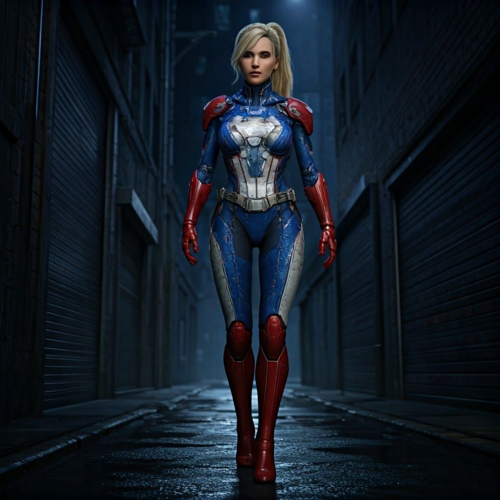 Blonde Heroine in Stars and Stripes Suit in Alleyway