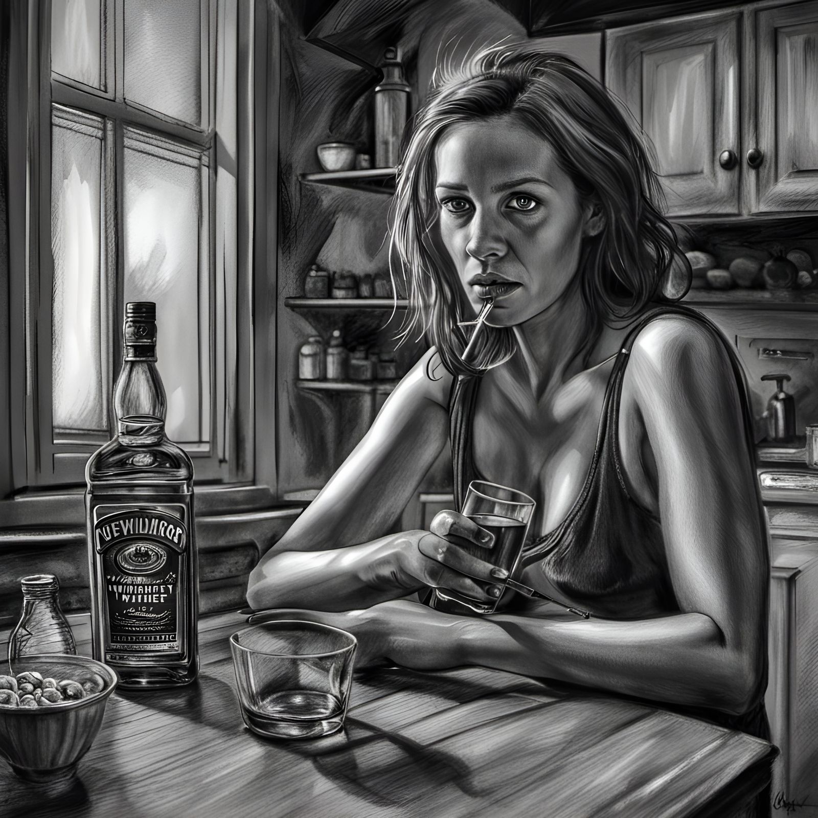 Sinister Woman Drinking Whiskey: Hyperdetailed Charcoal Draw...