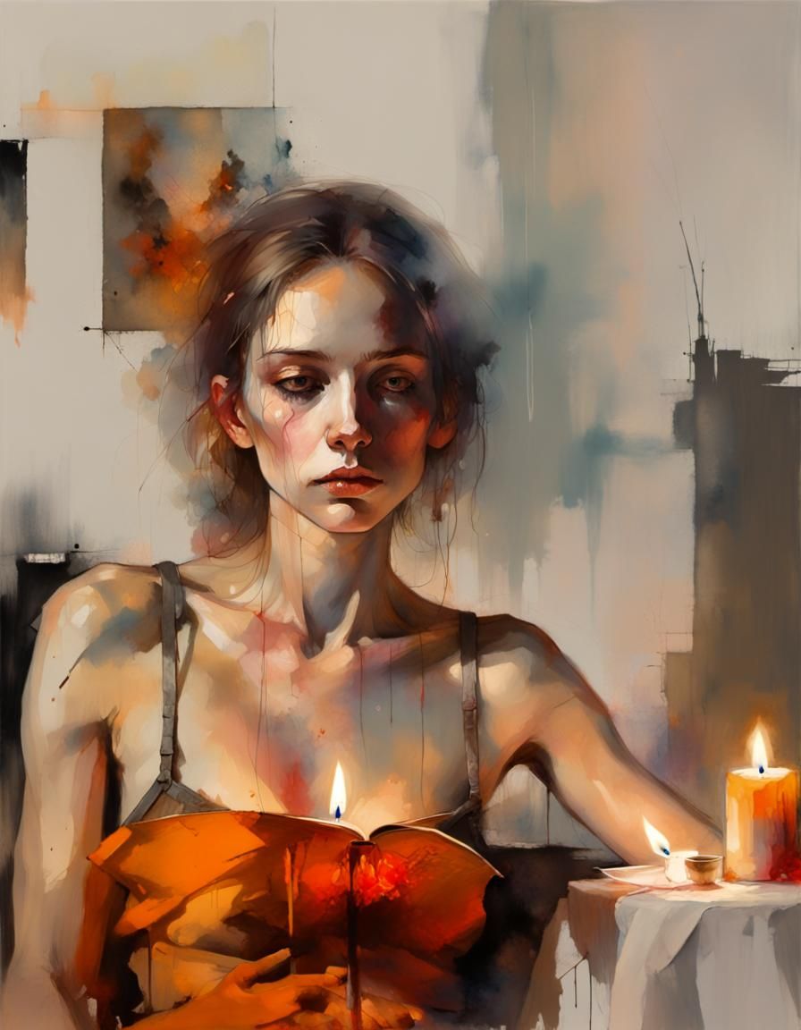 Candlelit Reader in Dark Room: Alcohol Ink Art